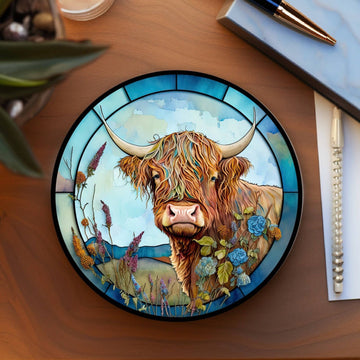 Fernville Creations Colorful Highland Cow Ceramic Coaster with Stained Glass Motif Handmade in the USA